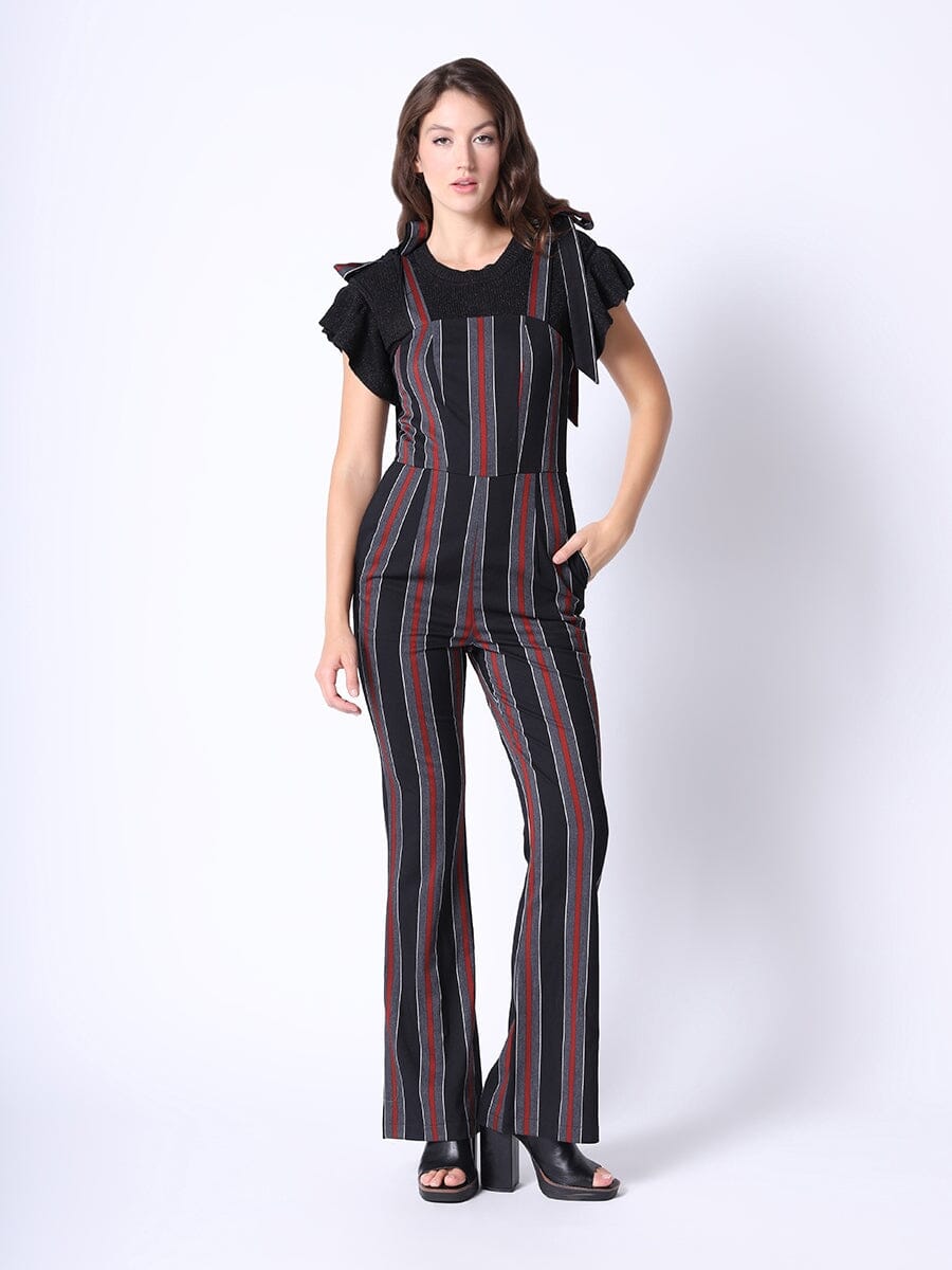 Gracia Fashion Women's Tie-Shoulder Wide Leg Striped Overall Jumpsuit