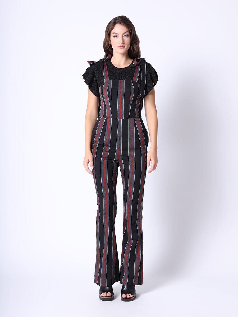 Gracia Fashion Women's Tie-Shoulder Wide Leg Striped Overall Jumpsuit