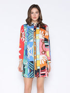 Gracia Fashion Women's Tribal Print Pearl Button-Down Shirt Dress