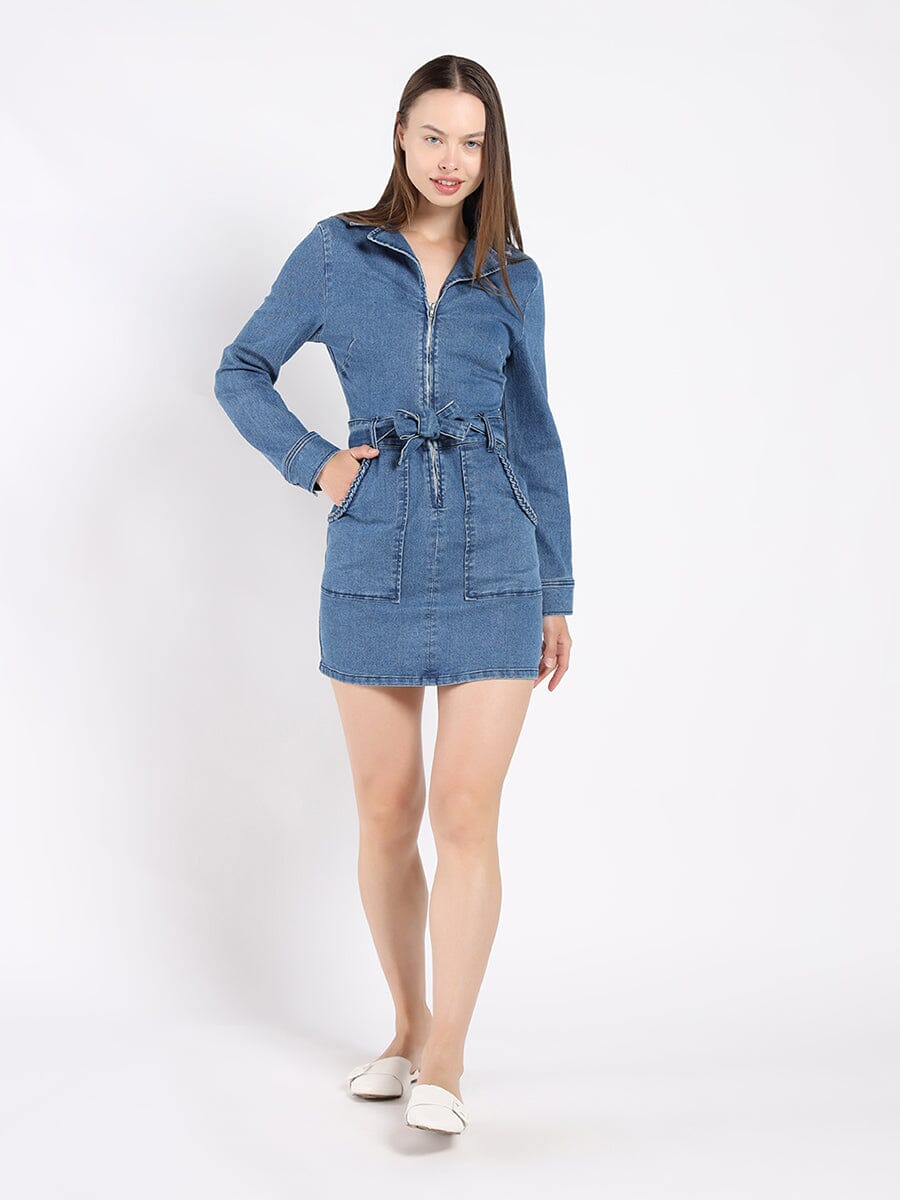 Gracia Fashion Women's Zippered Denim Shirt Dress