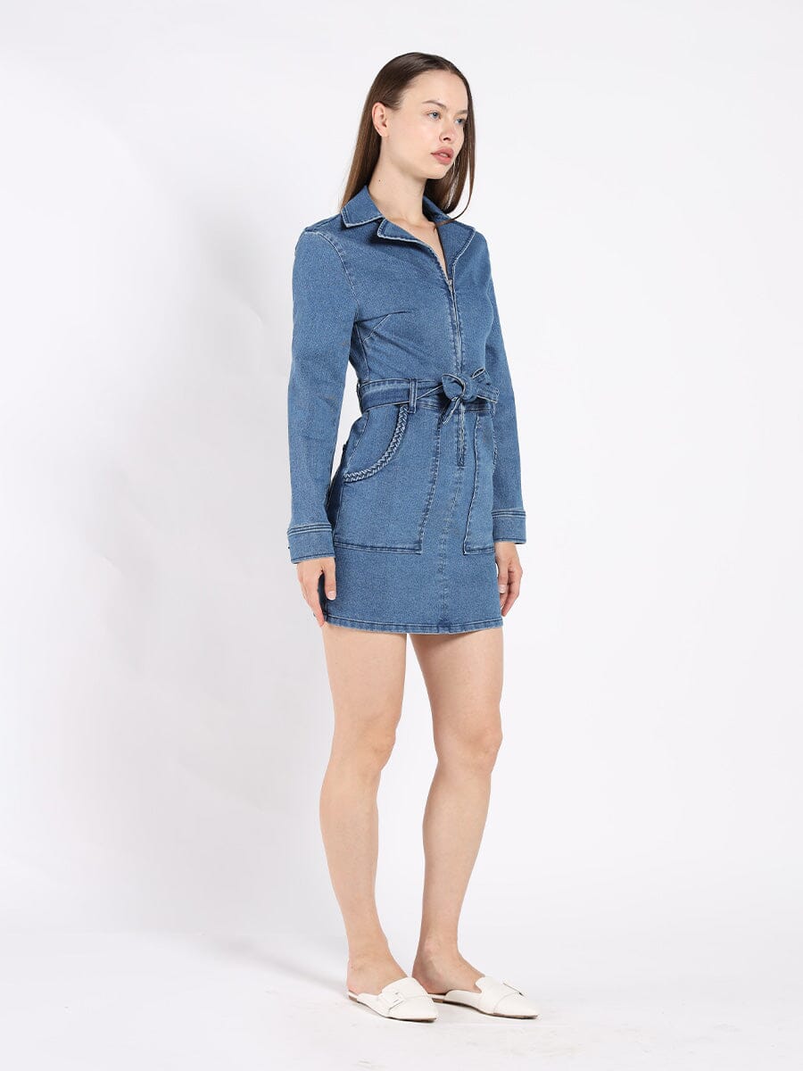 Gracia Fashion Women's Zippered Denim Shirt Dress