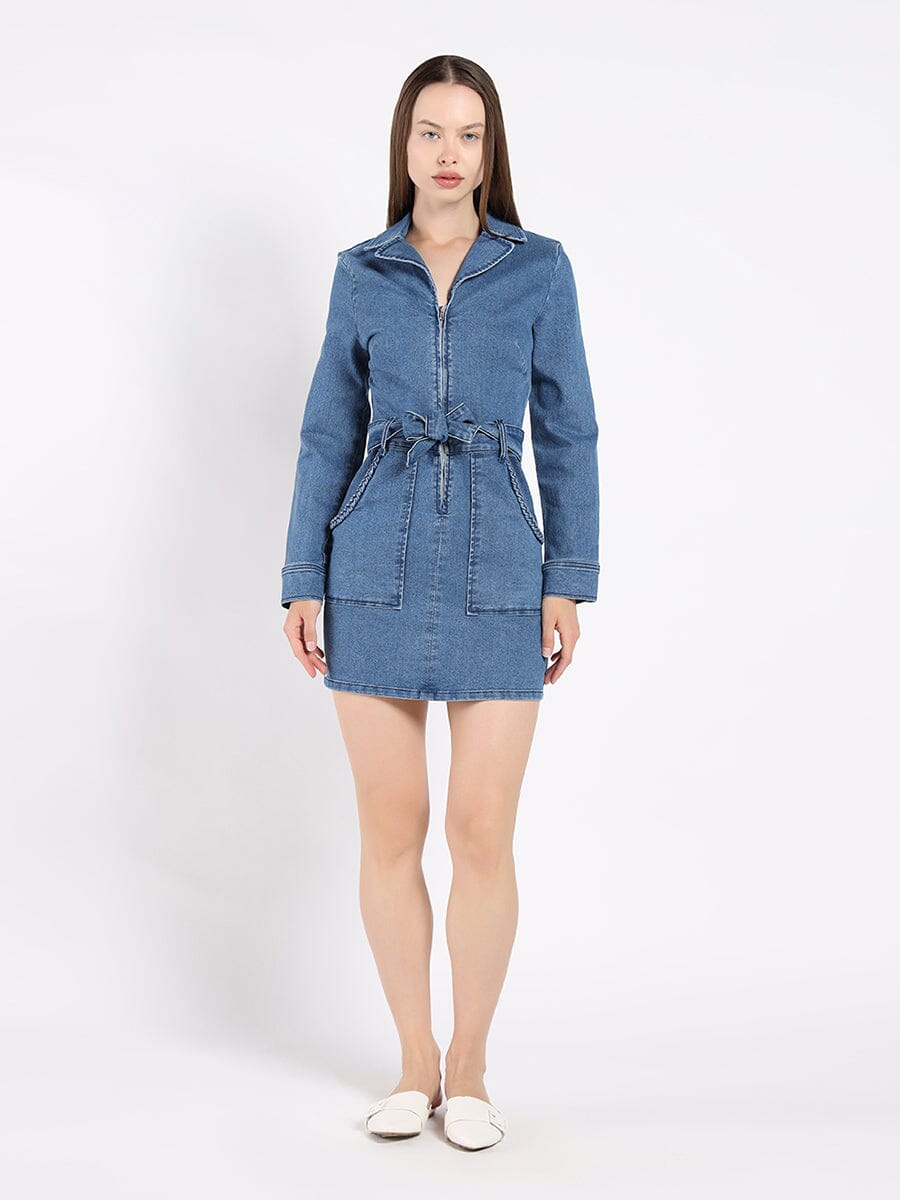 Gracia Fashion Women's Zippered Denim Shirt Dress